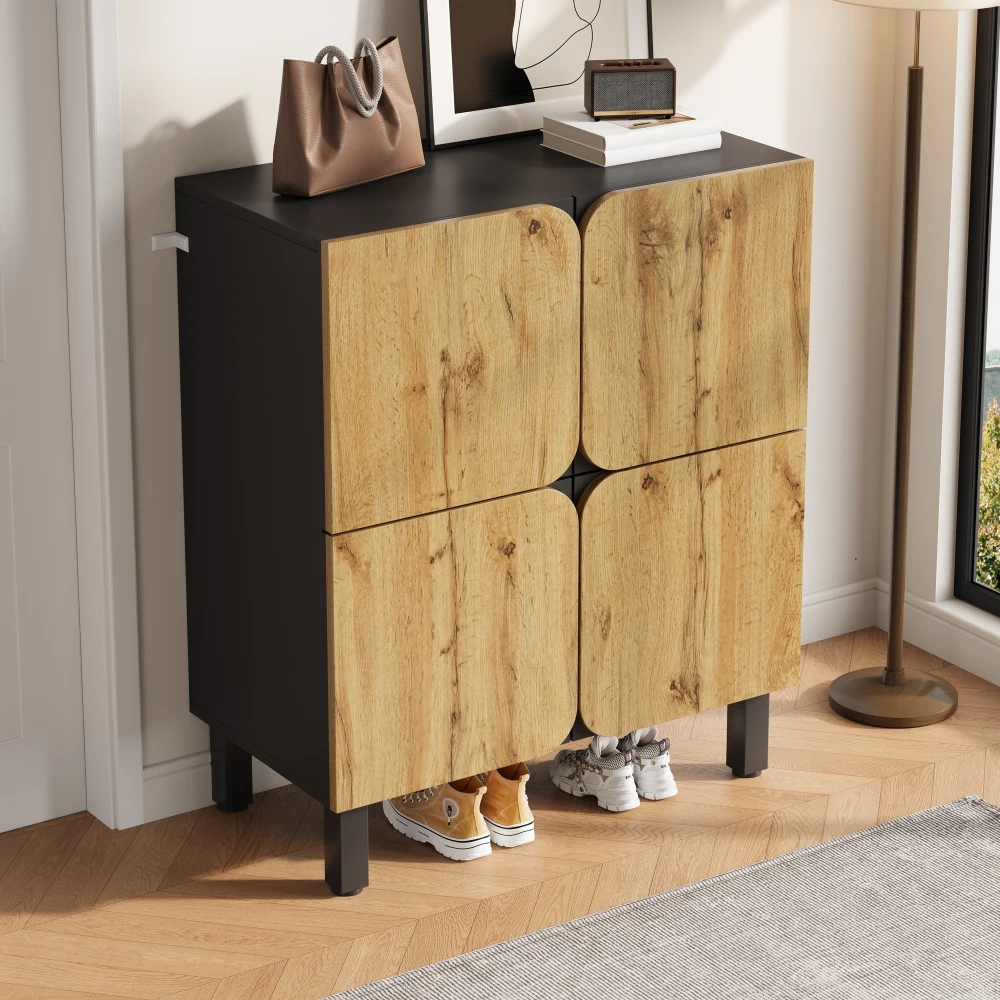 80*38,5*90cm Moderner Schuhschrank, Einzigartiges Design, Vier Türen, Verstellbare Einlagen, Schwarze Eisenbeine und Gebogene Türen – Detail 9