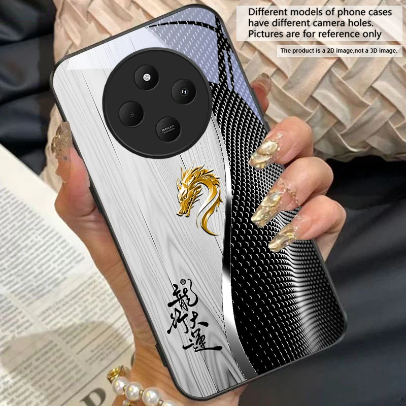 Elegant Black Tempered Glass Phone Case with Traditional Dragon Totem Design