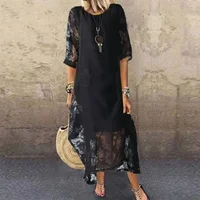 Women's L-5XL Plus Size Summer Round Neck Short Sleeve Lace Long Dress Vintage Handmade Hollow Flower Dress Lace Loose Casual - Image 3