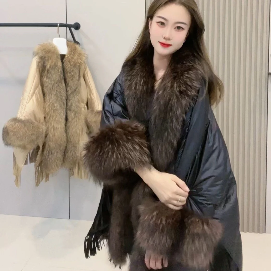 Raccoon Fur Collar Down Jacket Women 2024 Winter New High-End Fashion Mid-Length Cape Loose Long Sleeve Elegant Warm Coats