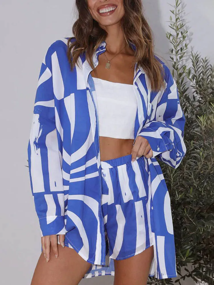 2 Piece Set Outfits Loose Long Shirt Short Pants Casual Elegant Women Sets Female Fashion Print Blue Beach Party Suits