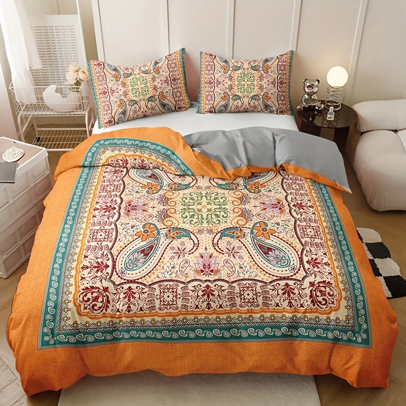 3Pcs Vintage Paisley Bohemian Duvet Cover Set, Soft Comfortable Breathable Bedding with Pillowcases for Bedroom Guest Room Decor