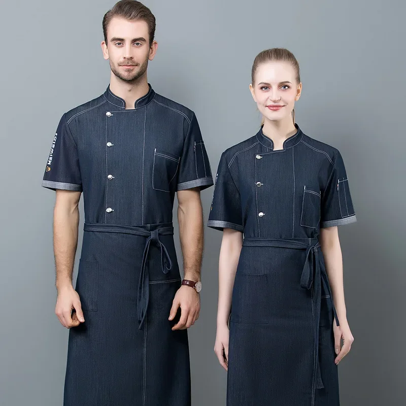 Denim Chef Work Uniform Short Sleeves Summer Hotel Restaurant Catering Bakery Post-Kitchen Workwear Men's Chef Outfit