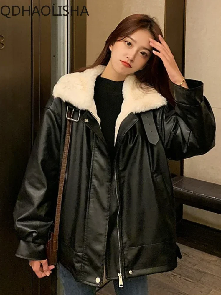 

Women's Jackets Thick Plush Loose Leather Jacket Warm Winter Fashion Korean Street Trendsetters Coat Fur Collar Woman Clothing
