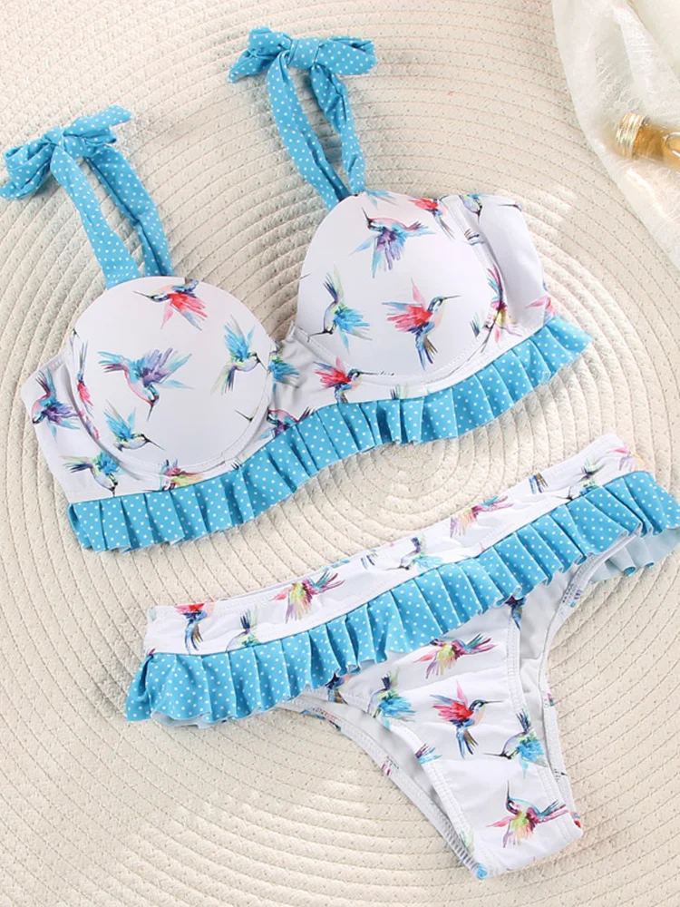 Conjunto de Bikini Push-Up con Estampado Floral y Volantes, Traje de Baño para Mujer 2026, Biquini Mujer, Ropa de Playa