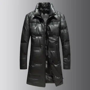 Пальто мужское зимнее из натуральной кожи, средней длины, с воротником-стойкой