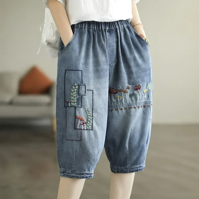 

Plus Size Women's M-2XL Harem Summer Shorts Elastic Waist Vintage Floral Embroidery Female Denim Shorts
