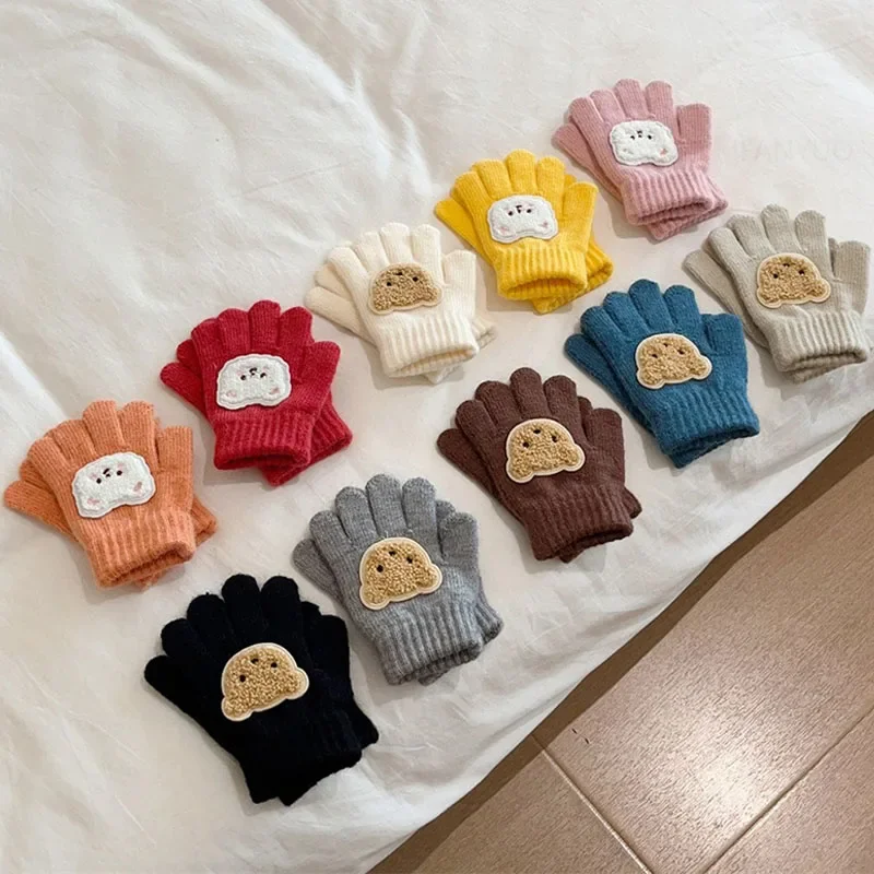 New Children Warm Gloves Autumn Winter Cartoon Bear Baby Five Finger Mittens Students Toddler Writing Cycling Mitten 1-4Y