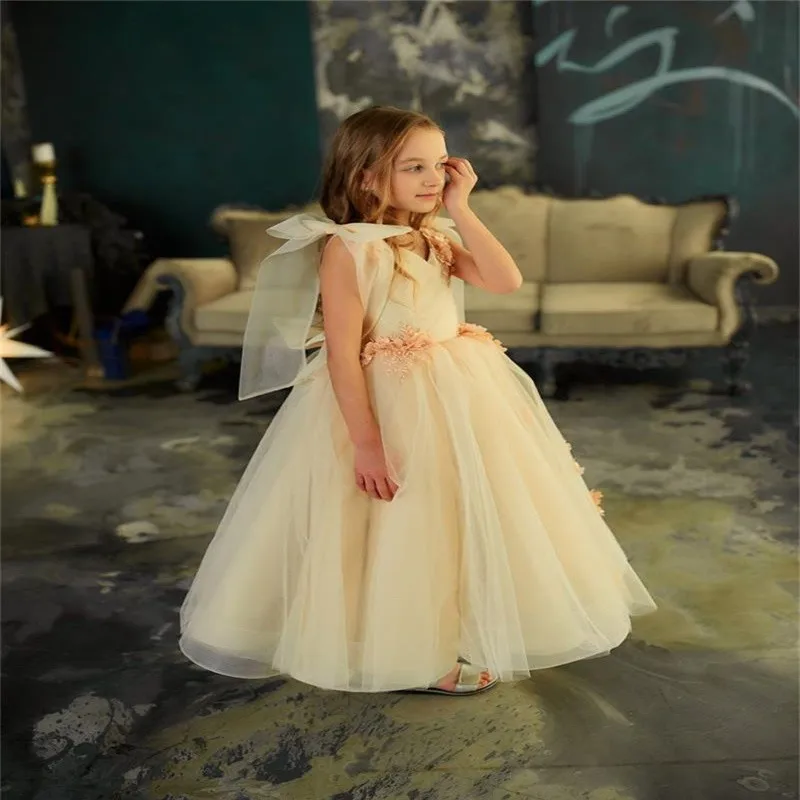 

Flower Girl Dress For Wedding Tulle Puffy Applique Sleeveless Ankle Length With Bow Child First Eucharistic Birthday Party Dress