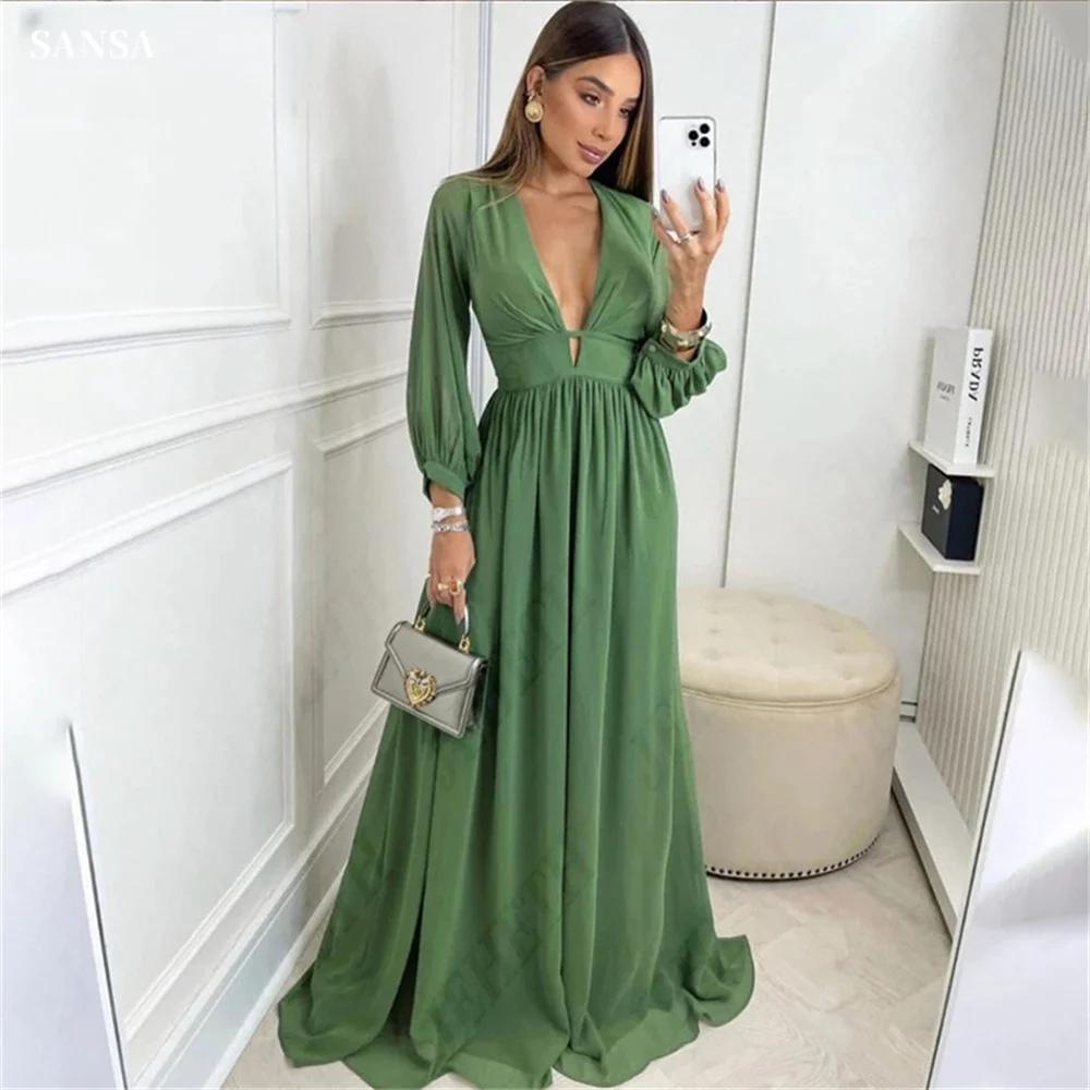 

Sansa Green Chiffon Prom Dress V-neck A-line Vestidos De Noche Elegant Long Sleeves Empire Waist Floor-Length Wedding Dress 2024