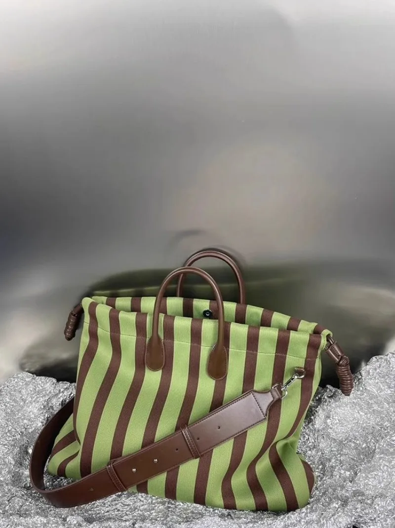 NEW Large Capacity Elastic Stripe Bucket Bag Tote Shopping Bag Crossbody Shoulder Bag Drawstring Soft Fabric Handbag