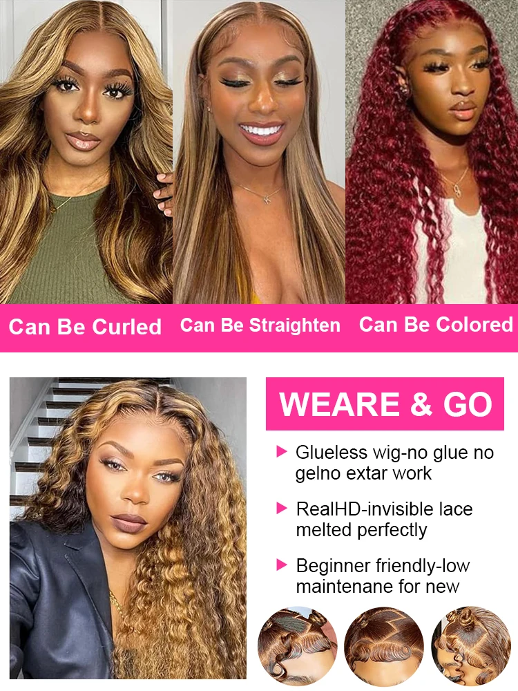 Highlight Ombre Deep Wave 7x5 Glueless Wig Human Hair Ready To Wear Brazilian 4/27 Curly Wig 13x4 Lace Frontal Wigs For Women