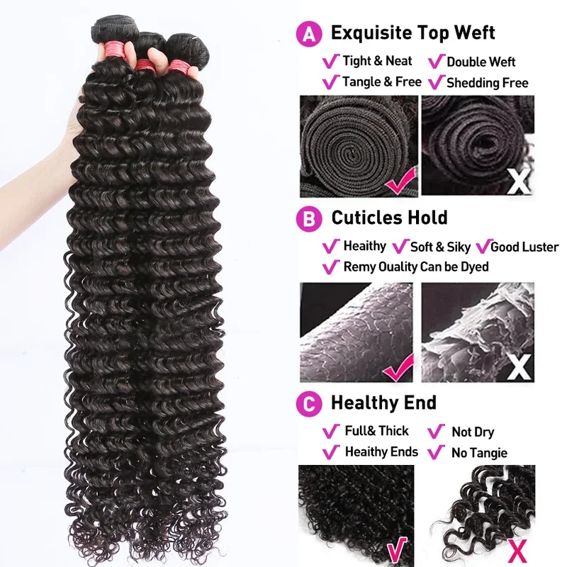 42 Inch Natural Color Deep Wave Human Hair Bundles - 250 High Density 1/3/4 Pcs Pack 100% Virgin Hair Silky Thick Full-Bodied We