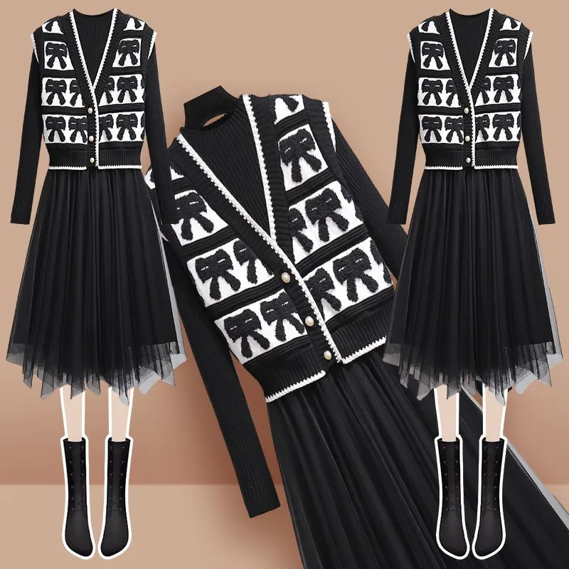 2023 Autumn New Bow Knitted Sweater Cardigan Pleated Mesh Long Sleeve Dress Two Piece Elegant Women\'s Dress Set Winter Outfits