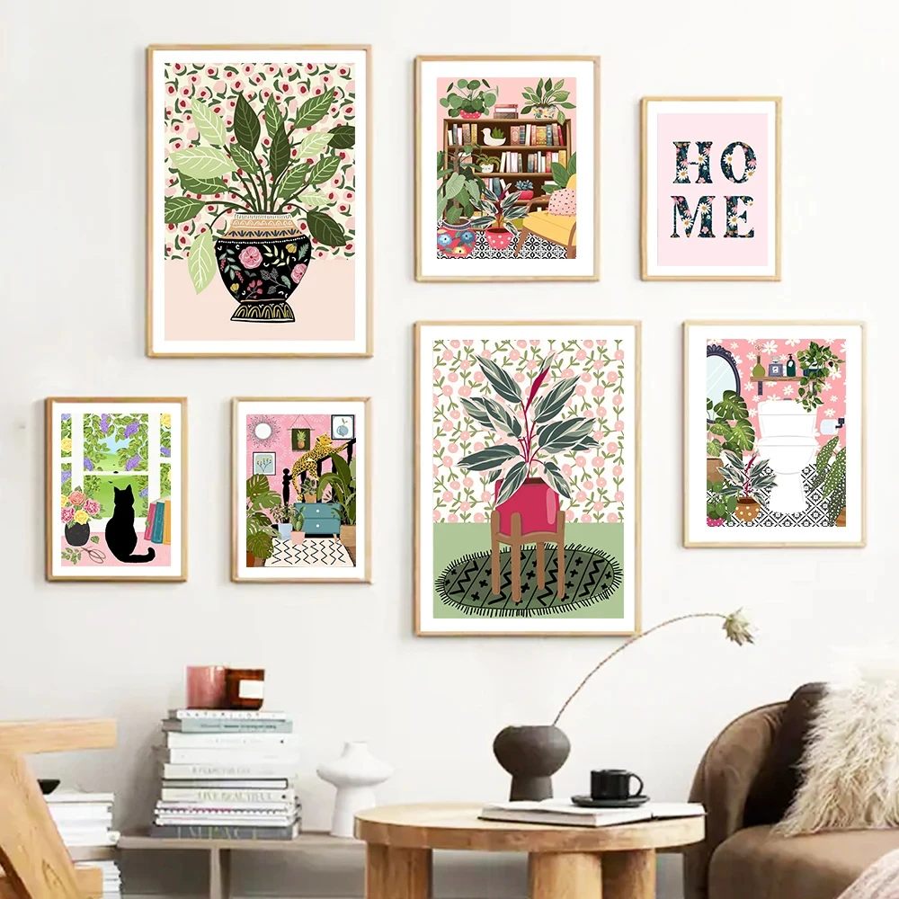 

Абстрактные тропические растения Цветок Черный кот плакаты Бохо настенная Картина на холсте принты настенные картины для гостиной Декор