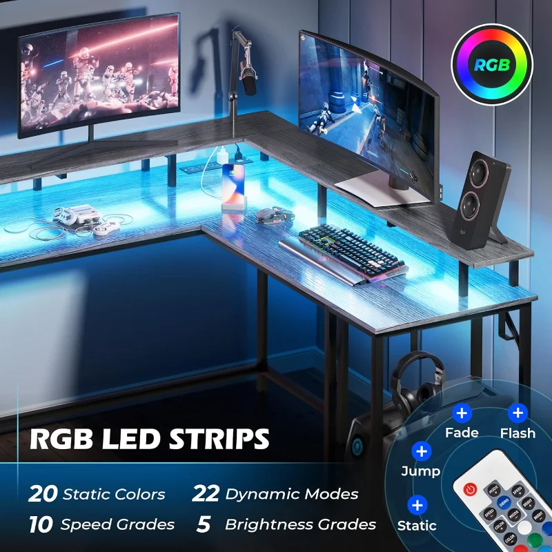 

SUPERJARE L Shaped Computer Desk with Power Outlets & LED Lights, Gaming Desk with Monitor Stand & Storage Shelf, Home Offic