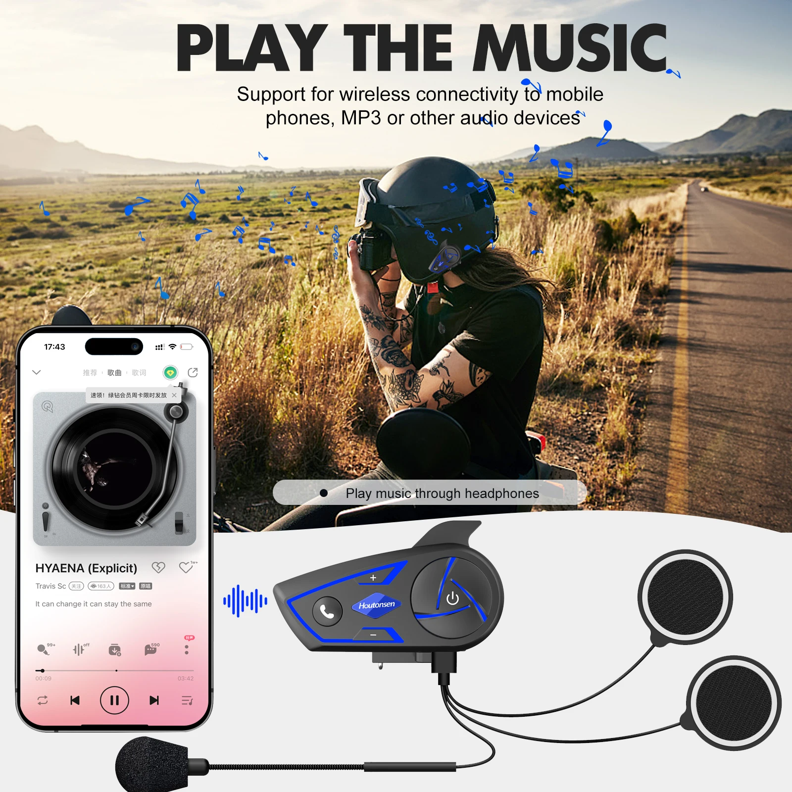 Houtonsen S3 Motorcycle Helmet Bluetooth Headset Intercom Wireless 1000M Interphone RGB Tri-Color Ambient Light Waterproof