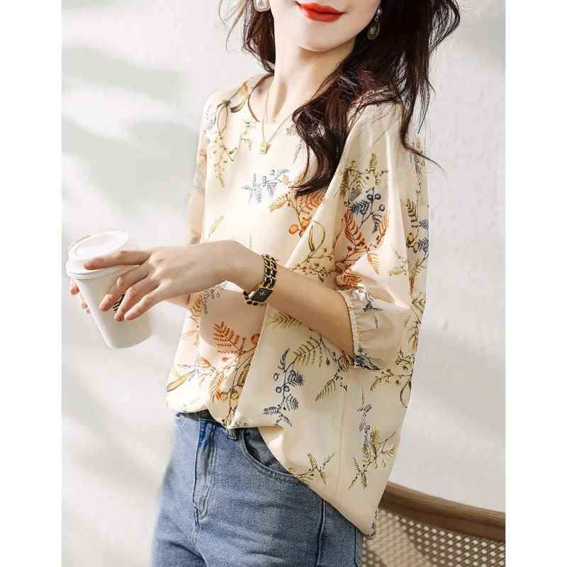 Vintage Fashion Printing Summer Blouse Women Classic Short Sleeve O-collar Temperament Chiffon All-match Pullover Lady Shirt