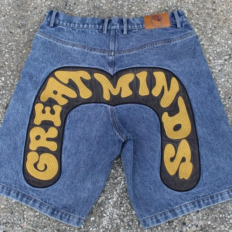 Summer colorful lettered denim shorts men's Japanese fashion brand straight loose sports five-quarter pants mid-pants