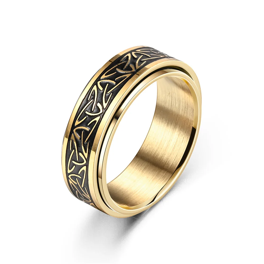 Stainless Steel Ring Finger Ring Fidget Spinner Ring Anti Stress Knuckle Viking Characters Enamel Spinning Rotating Anxiety Control Bague Homme
