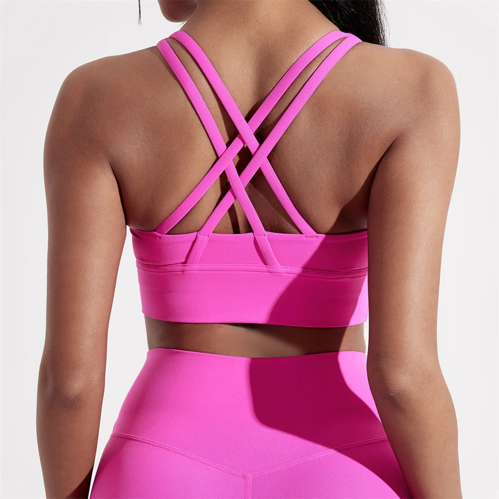 Solid Color Women Cross back Fitness sport Bra high strength Tight Top Comprehensive Training Gym Yoga Underwear With Chest Pad 6