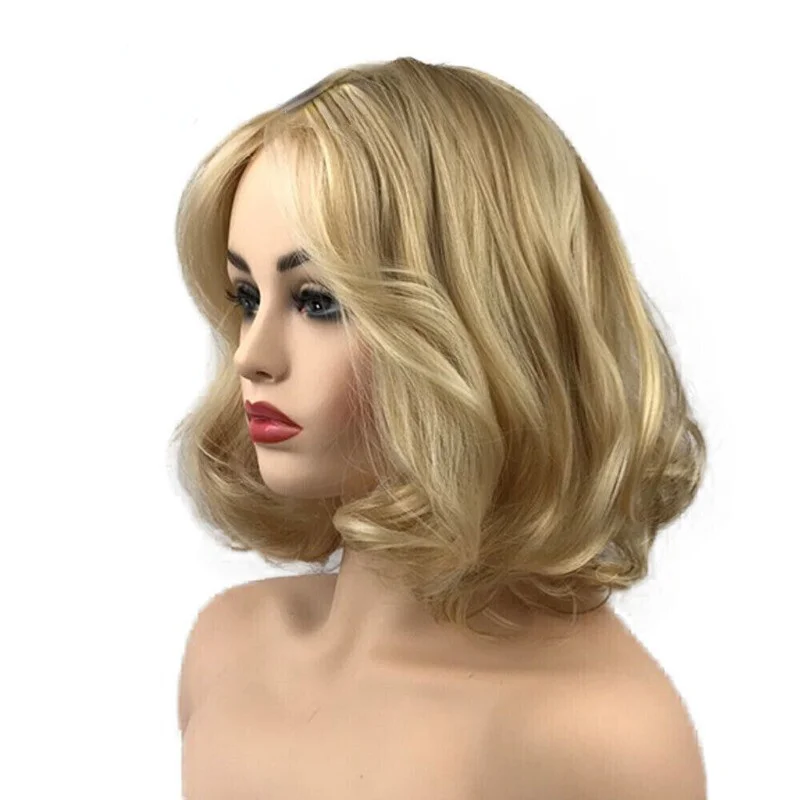 여성 가발 짧은 곱슬 웨이브 금발 머리 전체 가발 합성 파티 데일리