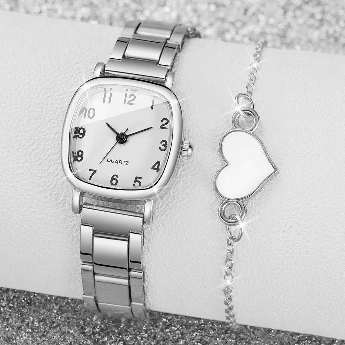 2/4PCS Fashion Square Arabisch Zifferblatt Frauen Uhren Damen Legierung Band Quarz Armbanduhr Mit Herz Armband (ohne Box) – Detail 5