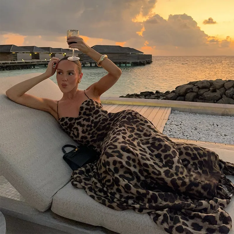 Vestidos largos con tirantes y estampado de leopardo Y2K para mujer, vestido de fiesta ajustado sin mangas con espalda descubierta, estilo vintage de verano 2025 para mujer _Nuevo