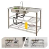 Free Standing Stainless-Steel Double Bowl Commercial  Kitchen Sink Set w/Faucet Drainboard w/Workbench & Double Storage Shelves 1