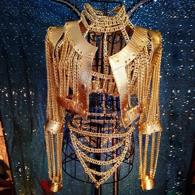 

Stage Performance bar Nightclub show Bra Chains Short coat nightclub stage dance wear Women Sexy Gold Chains Costume Outfit
