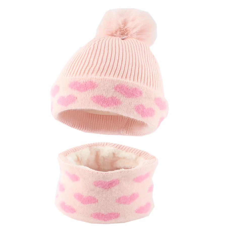 kids Hat Scraf 2 Pieces Set Girls Cute Winter Beanie Cap Outdoor Windproof Warm Hats Fleece lining Ear Protection Pompom Beanies