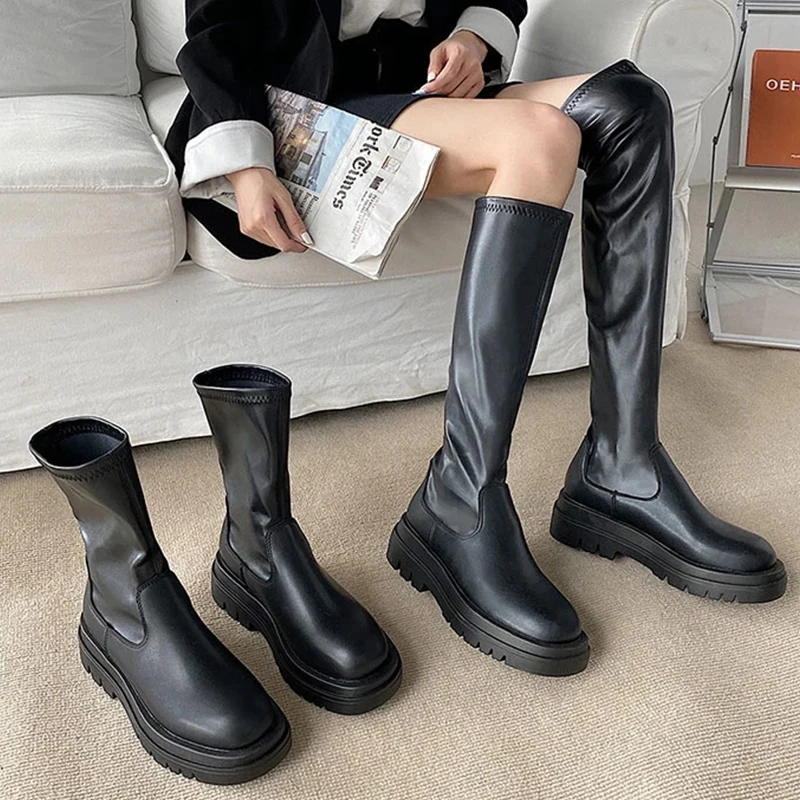 MCCKLE Women Over The Knee Boots Pu Leather Autumn Winter Soft Platform Ladies Shoes 2022 Fashion Female Boot Women's Long Boots 3