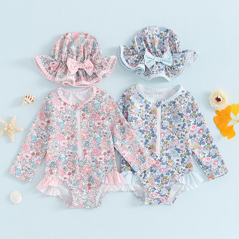 2025 Kid Baby Girls Bikinis Rash Guard Swimsuits Floral Print Bathing Suits Infant Zipper Swimwear Hat Sun Protection Beach Wear 2