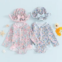 2025 Kid Baby Girls Bikinis Rash Guard Swimsuits Floral Print Bathing Suits Infant Zipper Swimwear Hat Sun Protection Beach Wear 2
