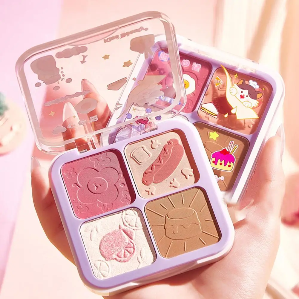 4 Color Peach Blush Palette Korean Makup Cosmetics Blush Highlight Trimming Powder Allinone