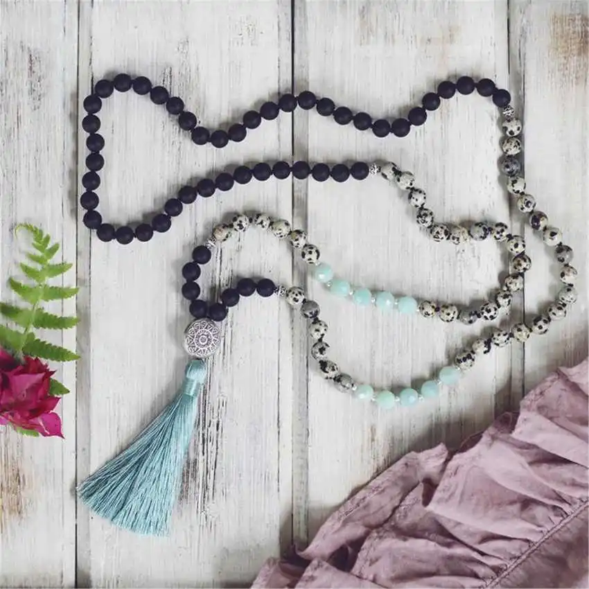 8mm Natural Amazonium 108 Beads Tassel Knot Necklace Couples Enthusiasts Men's Hipster Sacred wear Spiritual Mala Yoga