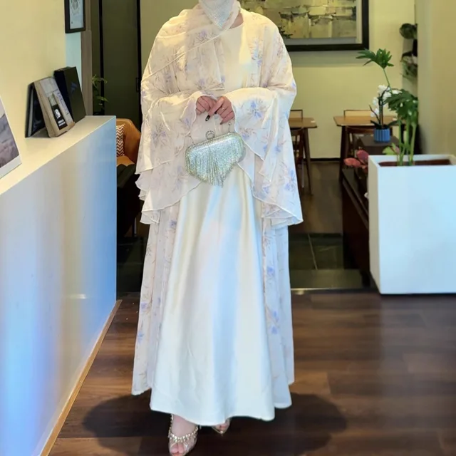 Robe d'Aïd pour femmes, abaya musulmane, ensemble 3 pièces, robe longue en mousseline de soie, kaftan, robes de fête du Ramadan, vestidos, Maroc, Dubaï, jalabiya, arabe