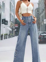 Plus Size Spliced Button Denim Straight Wide Leg Jeans Pockets High Waist Vintage Women Denim Jeans Casual Streetwear Trousers - Image 5