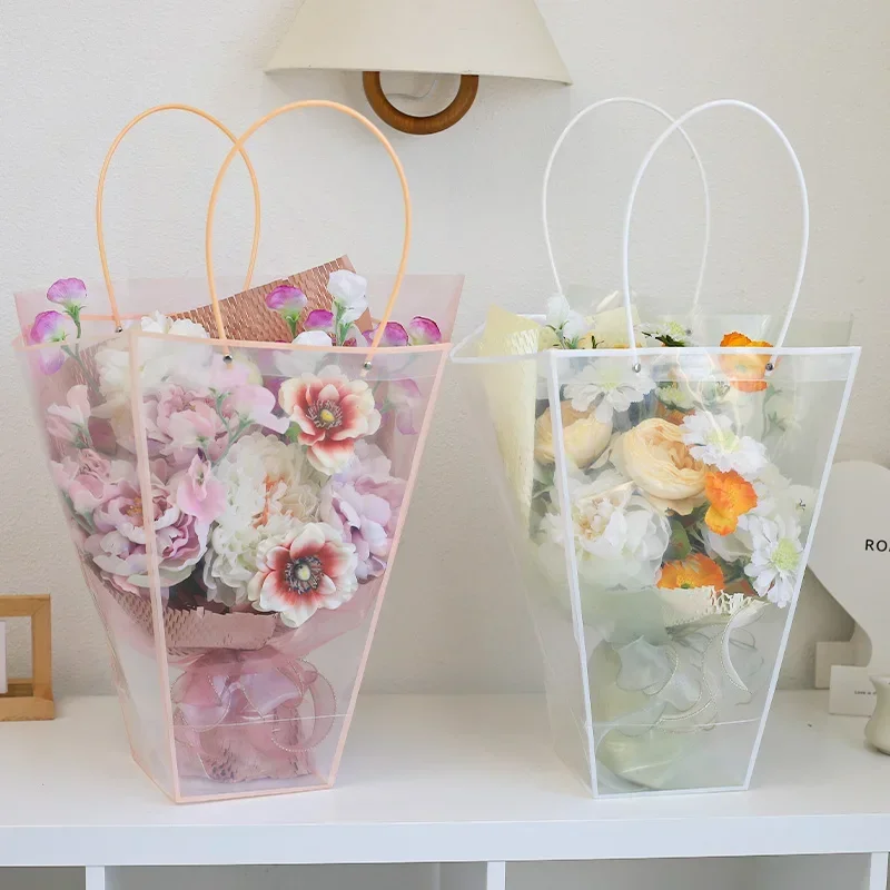 

10pcs Frame Trapezoidal Tote Bag Flowers Bouquet Packing Plastic Bag Transparency Waterproof Valentine's Day Party Gift Storage