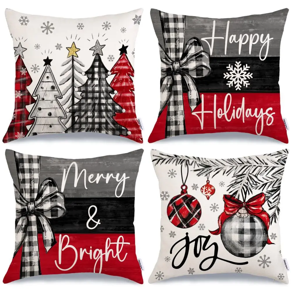 Festive Christmas Pillow Covers - Santa & Snowman Winter Design, Set of 4, Machine Washable, 18x18 Inch