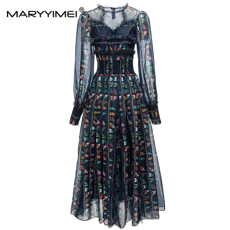 

Новинка, Осеннее модное элегантное платье MARYYIMEI, Длинные повседневные праздничные платья составного кроя с рисунком и деревянными ушками
