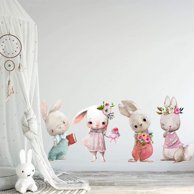 Watercolor Cartoon Bunny Wall Stickers Baby Nursery Wall Decals for Kids  Room Living Room Bedroom Home Decor Rabbit Stickers PVC - AliExpress