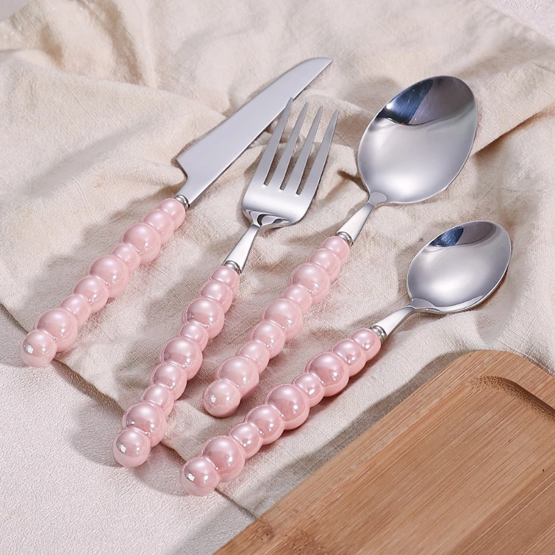Set of 4 Ceramic Pearl Handle Cutlery Set Knife Fork Spoon Creative Cute Soup Spoon Western Food Steak Knife Spoon and Fork Set