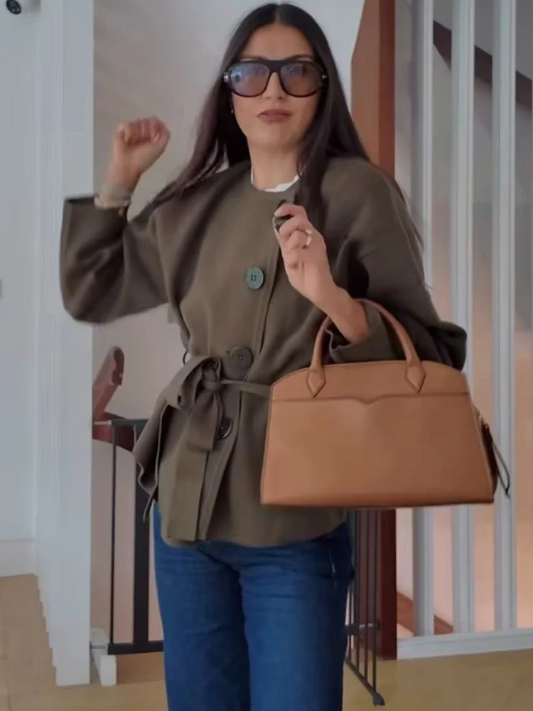 Elegant Women Round Collar Knitted Coat Solid Full Sleeve Single Breasted Lace Up Coats Female Autumn Fashion Sweater Outwears