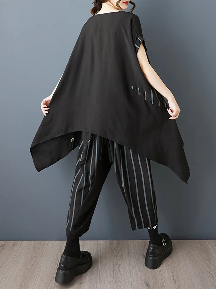 Stripe Print Summer Casual 2 Two Piece Set Short Sleeve Loose T Shirt Women T-Shirt Top Fashion Clothing Harem Pants Suit 2025