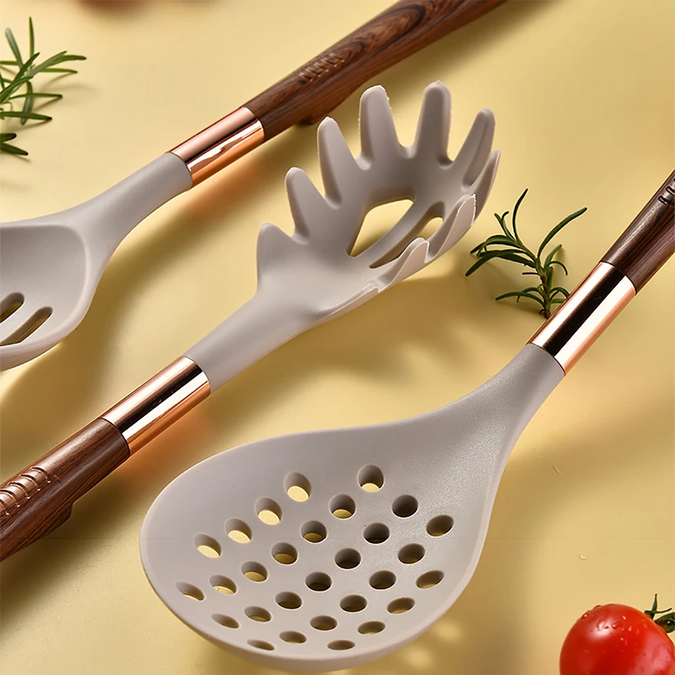 alpina Juego de utensilios de cocina con soporte – 12 piezas – Utensilios de silicona con mango de madera – Gris