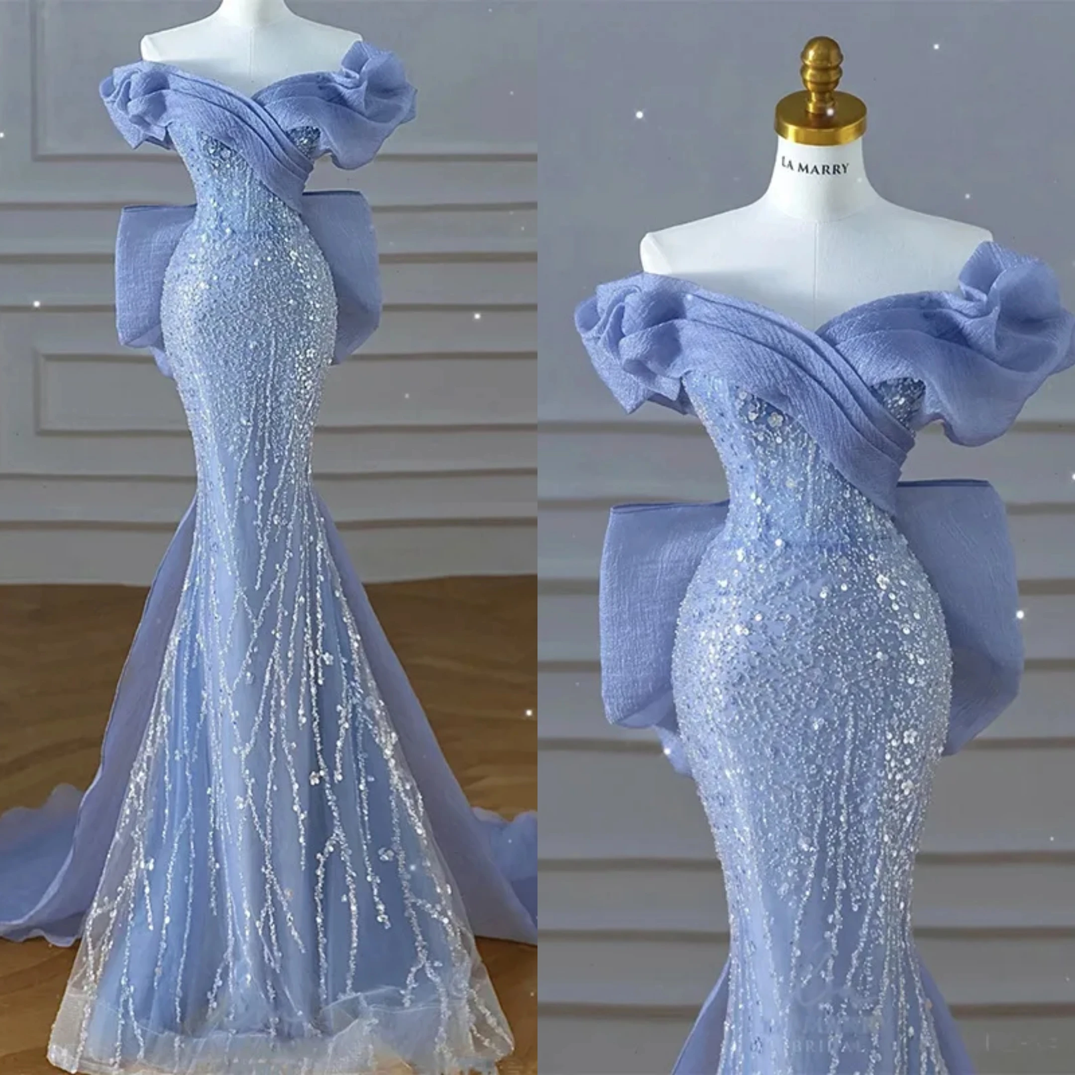 

Elegant Mermaid Evening Dresses For Women Off-Shoulder Gowns Slim Fit Sequins Skirt Party Sweep Train Dress Custom Made