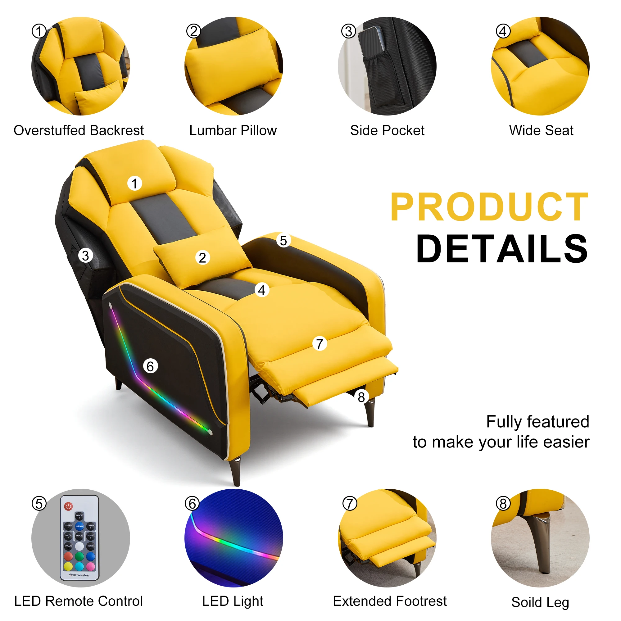 TCGBKAF LED Gaming Recliner Chair Ergonomic Video Game Reclining Chair with Footrest Lumbar Pillow & Side Pocket Home Theater Recliner Sofa Chair for Gaming Room Living Room Bed… image 5
