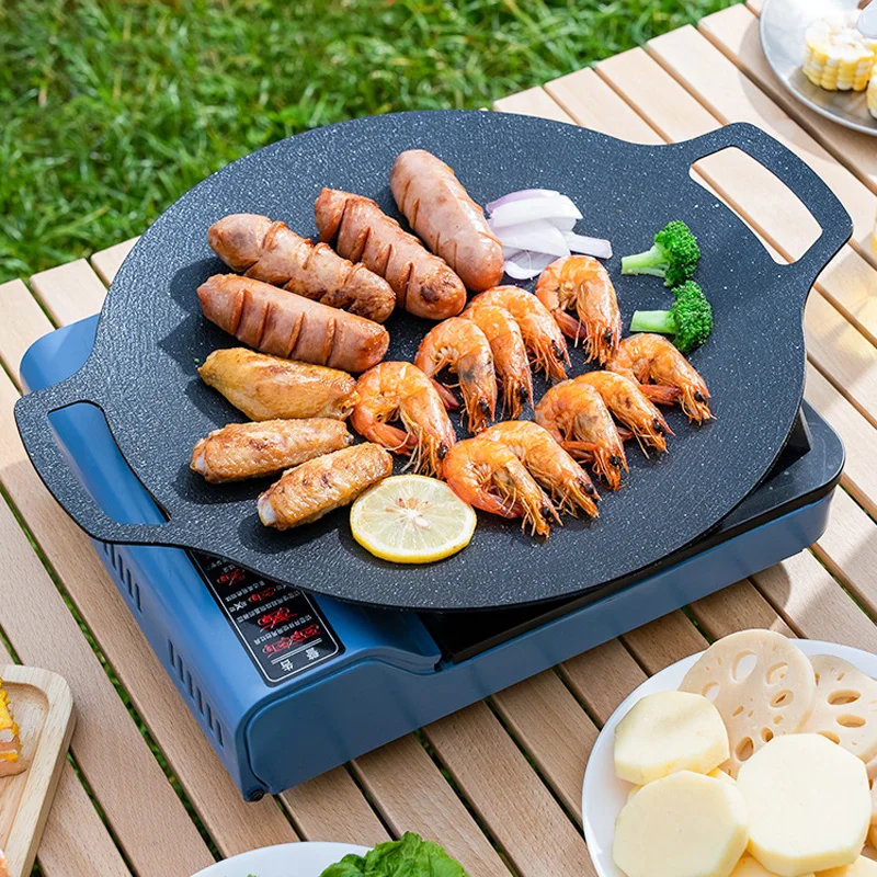 Cast iron barbecue plate induction cooker household outdoor BBQ steak  frying pan baking tray griddle cooking - AliExpress