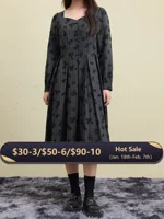 DUSHU Women Winter Print Dress Thicken Warm Female Winter Grey Puff Long Sleeve Dress X-LINE Square Neck Dresses 24DS84507